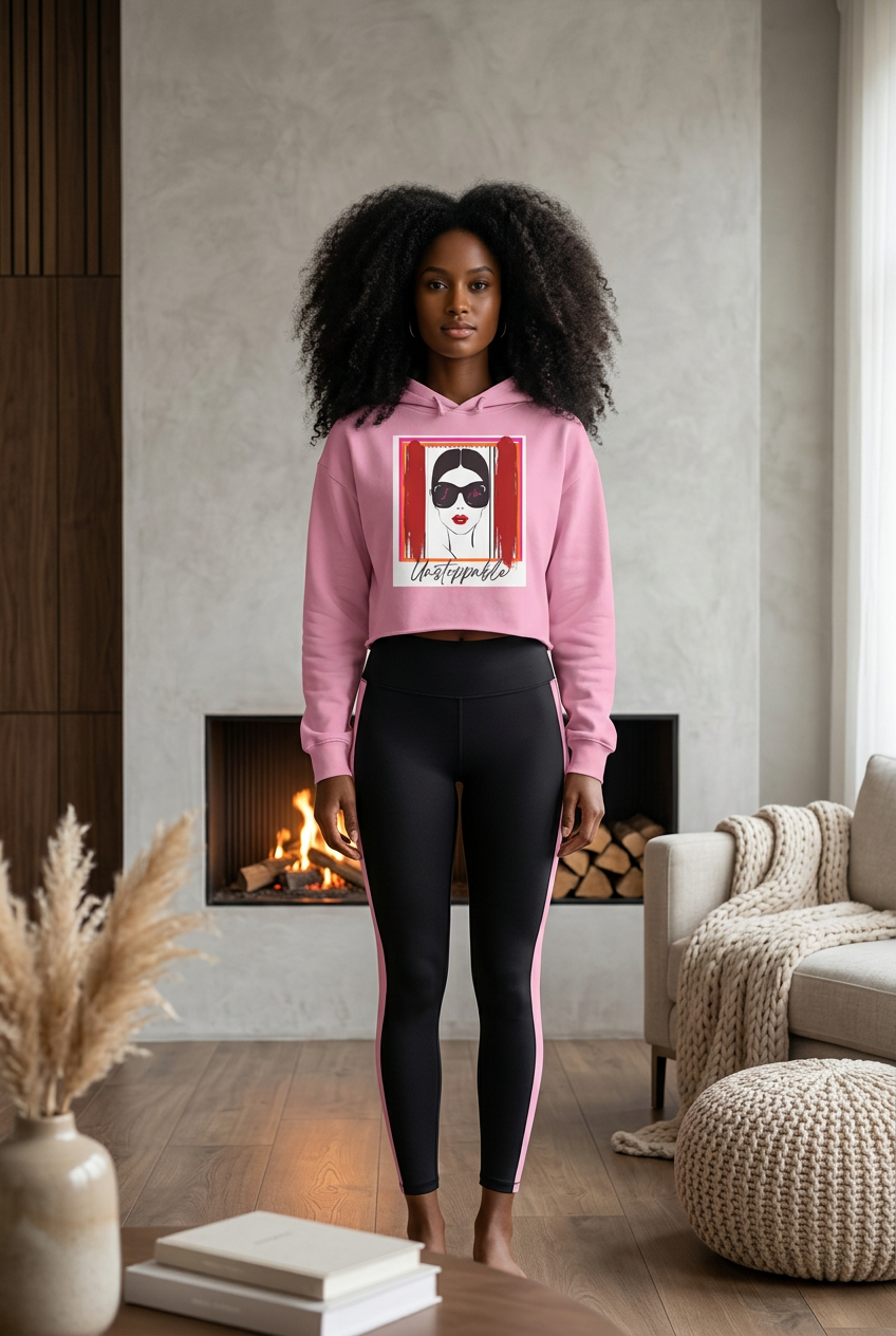 Woman's cropped graphic hoodie with Unstoppable woman's face with sunglasses graphic by DO. LOVE. BE. Apparel